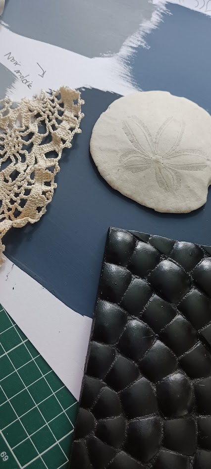 Planche de materiaux pour projet deco avec coquilles d'oeufs Horizon Coquelicot Quimper