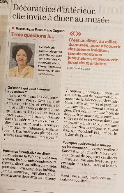 article de presse Ouest France Diner au musee Quimper Horizon Coquelicot 
